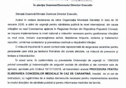 Guvernul Romaniei: Procedura de eliberare a concediilor medicale in caz de carantina.