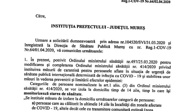 Institutia PREFECTULUI Catre Medicii de familie din judetul Mures Institutia PREFECTULUI Catre Medicii de familie din judetul Mures